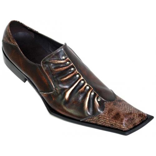Zota Chocolate Brown Pleated With Metal Studs Diagonal Toe Snake Print Shoes G304-10